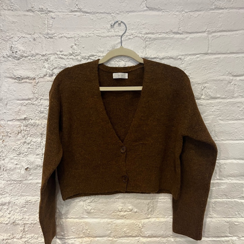 OAK + FORT Brown Cropped Cardigan with Long Sleeves